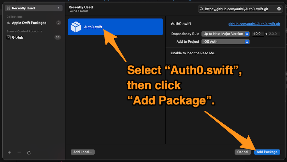 Xcode screenshot: Select “Auth0.swift”, then click “Add Package”.