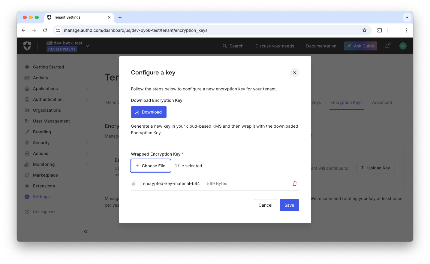 Upload customer key to complete BYOK