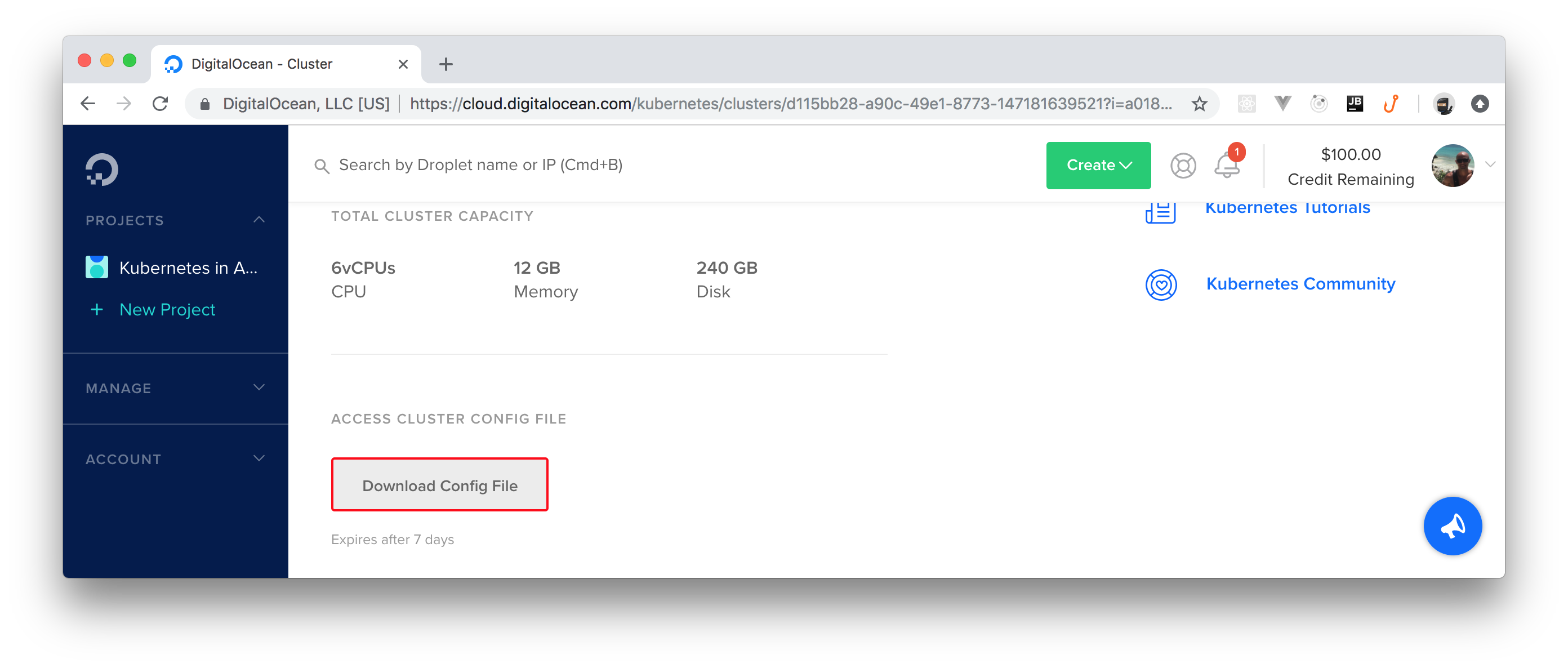 Downloading the Kubernetes cluster's config file.