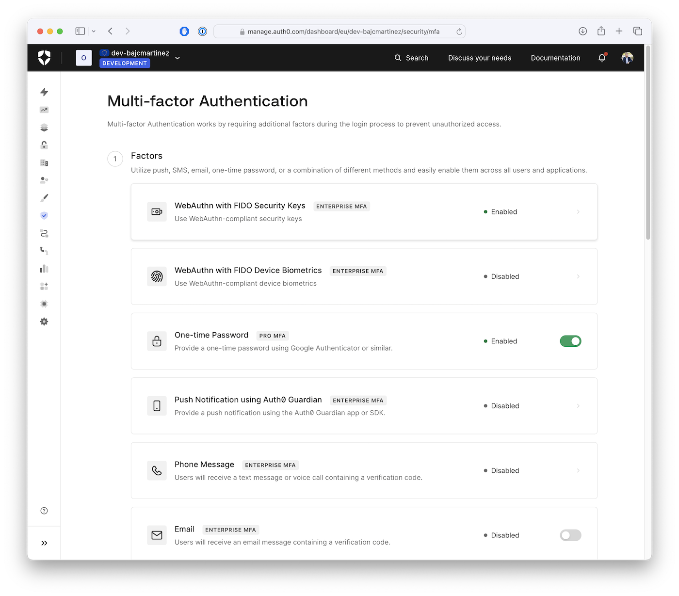 Auth0 Dashboard > Security > Multi-factor Auth
