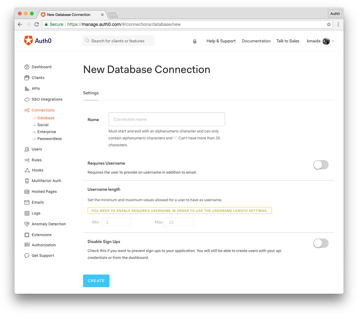 New Auth0 database connection