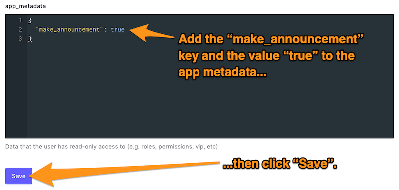 The “app_metadata” field of the “User” page, with the updated metadata.