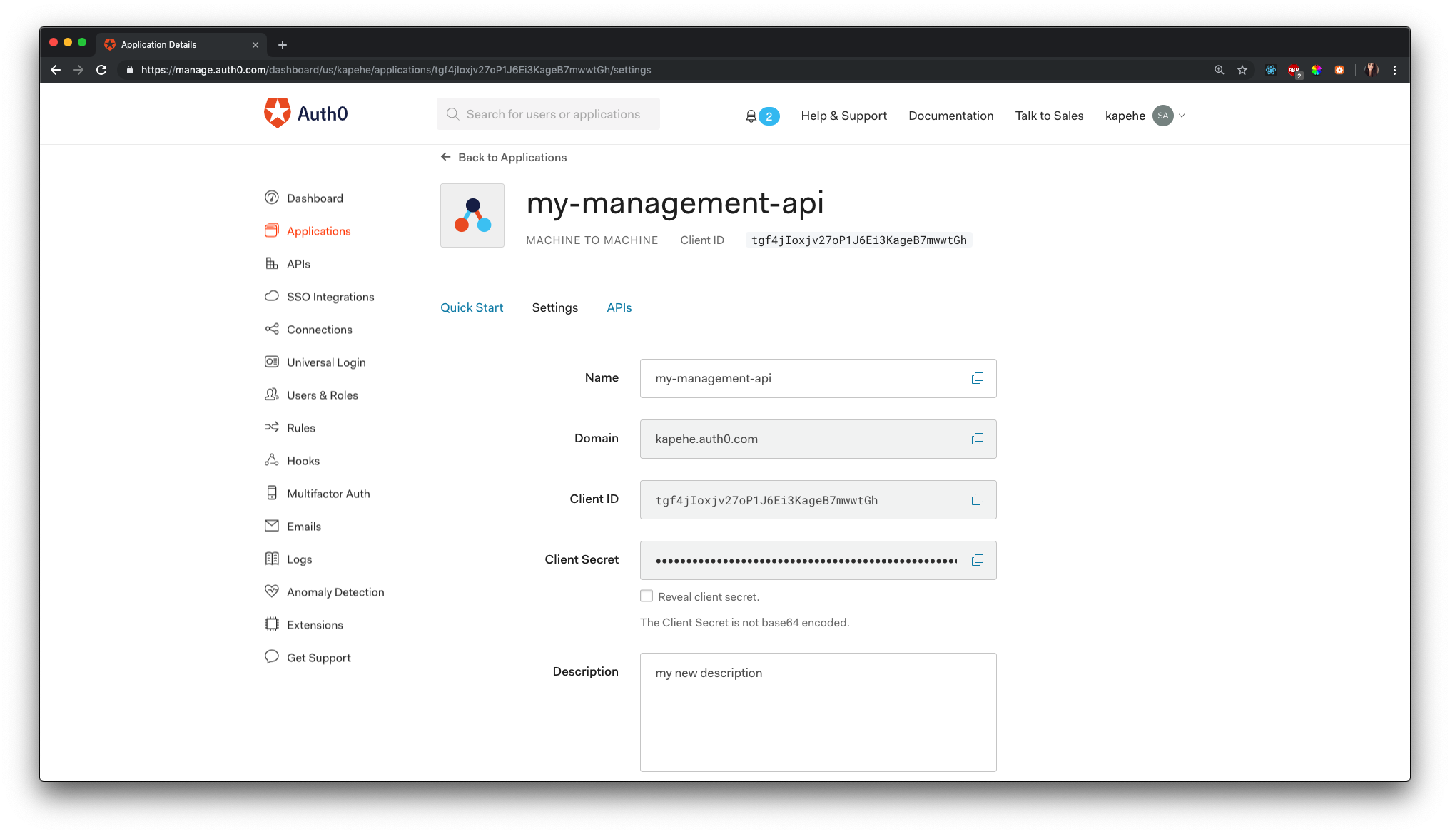 Auth0 application view with updated name and description