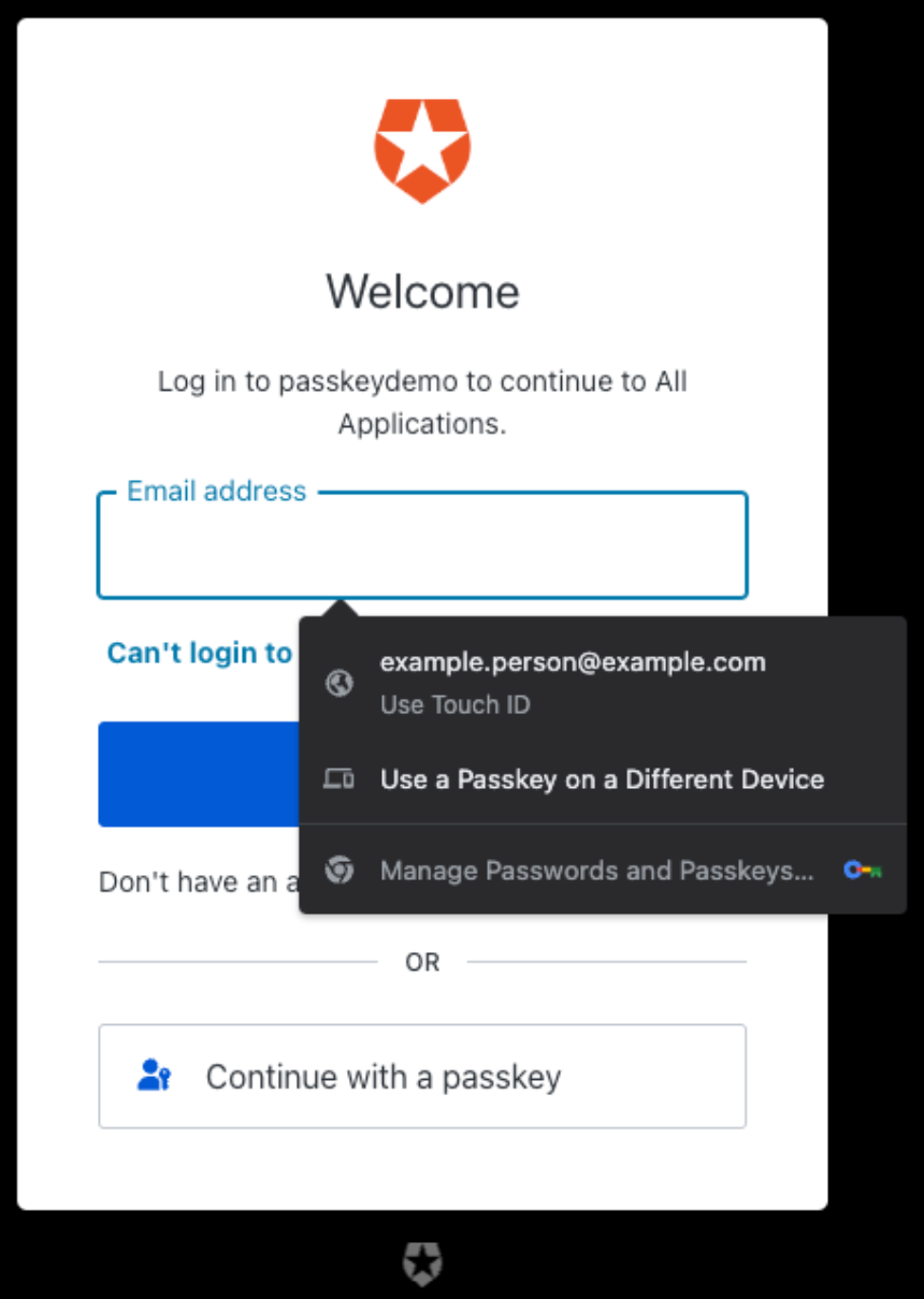 Universal Login box with a pop-up menu appearing beside the Email address text field