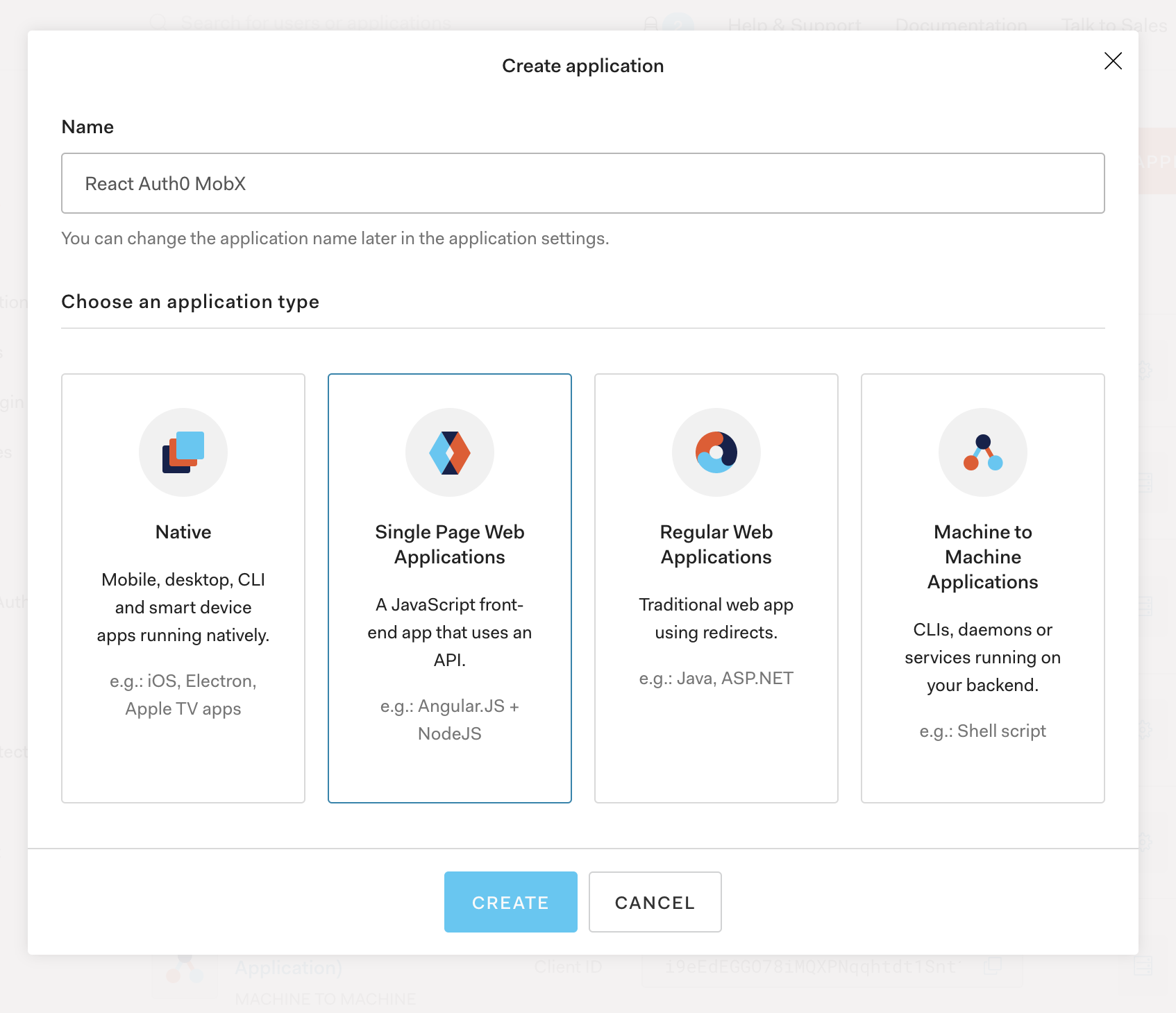 Create Application Modal view