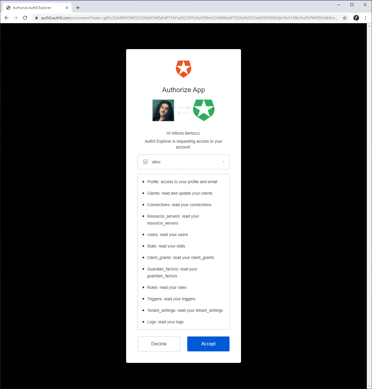 Auth0 Explorer consent page