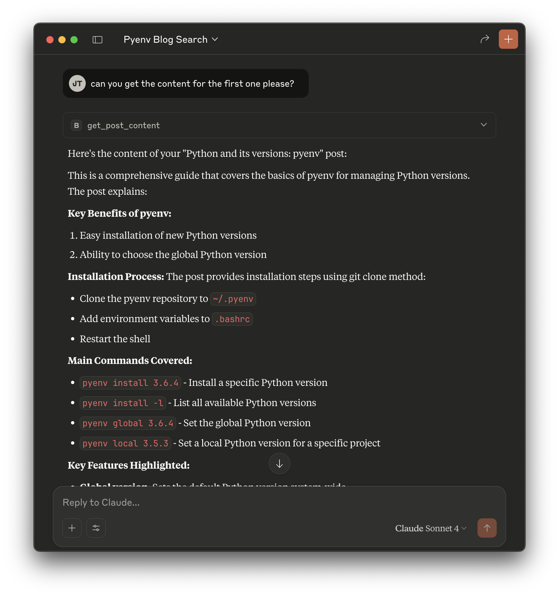 Claude displaying a summarized version of a blog post's content, including key benefits and main commands, after successfully using the get_post_content tool