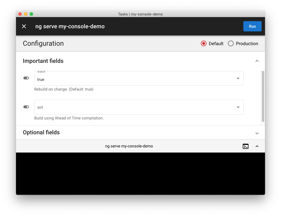 The individual task screen in Angular Console.