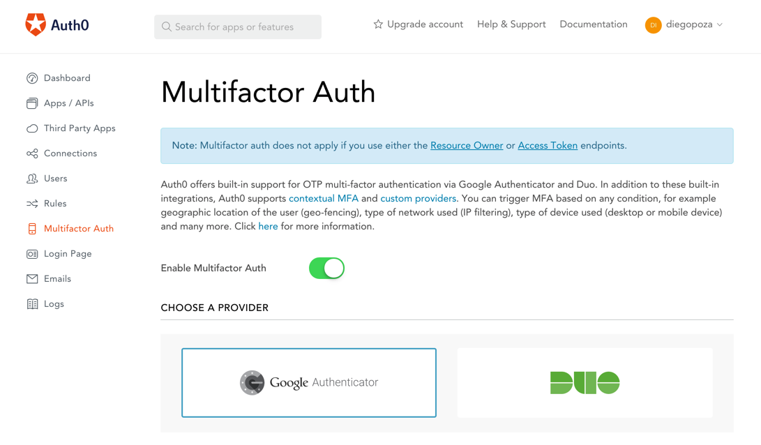 Eanbling Multi-factor Authentication (MFA) from Auth0