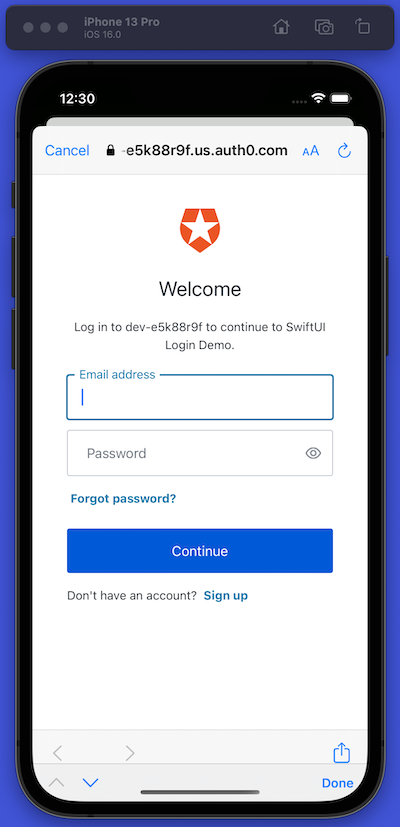 The Auth0 Universal Login web page, with Auth0 logo and “email address” and “password” fields.