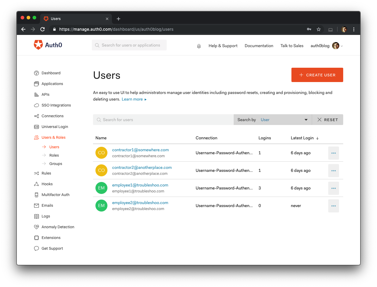 Auth0 Dashboard view of everyone who has access to your customers' data