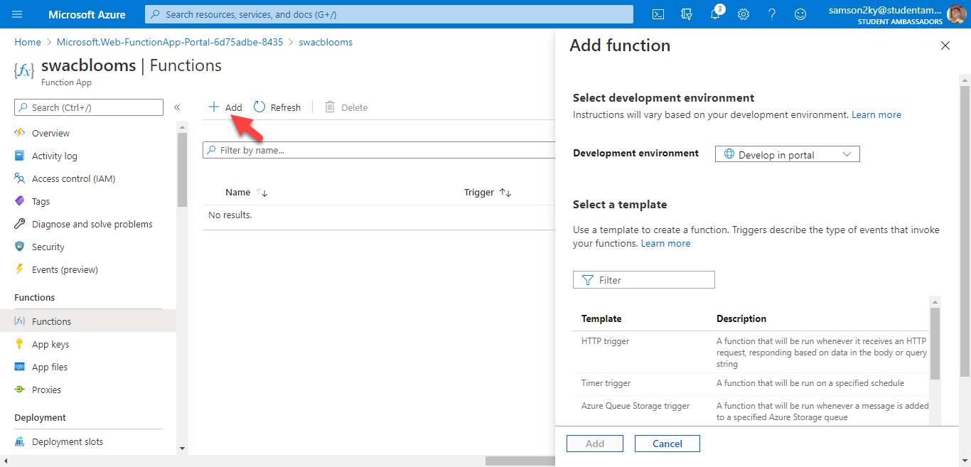 Add function to Azure Functions App