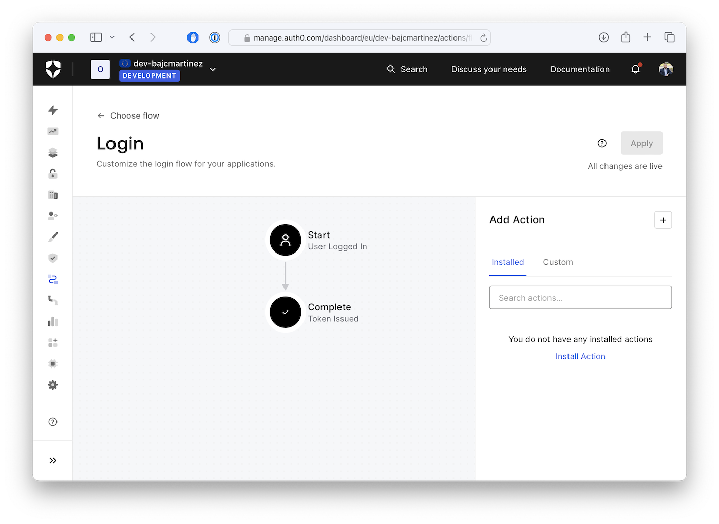 The “Login” flow page of the Auth0 dashboard.