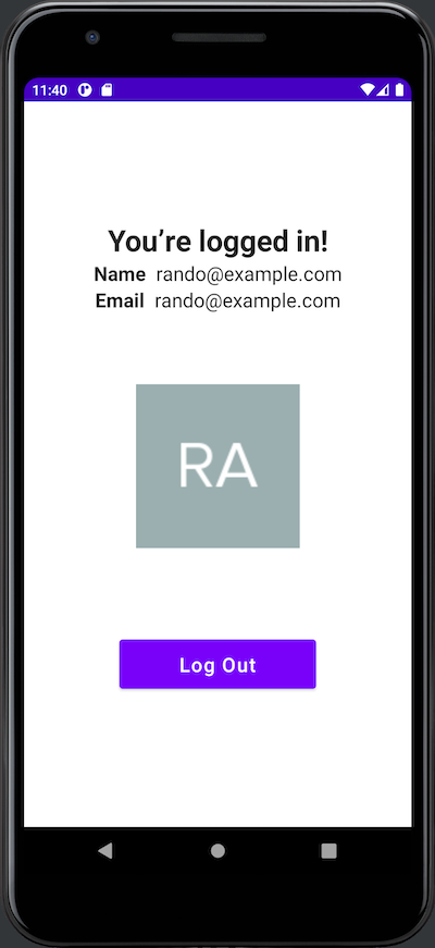 The app in its “logged in” state, with a title that reads “You’re logged in!”. It displays the user’s name, email address, photo, and a “Log Out” button.