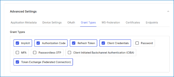 Enabling the "Token Exchange (Federated Connection)" grant type in Auth0 for secure third-party tool calling.