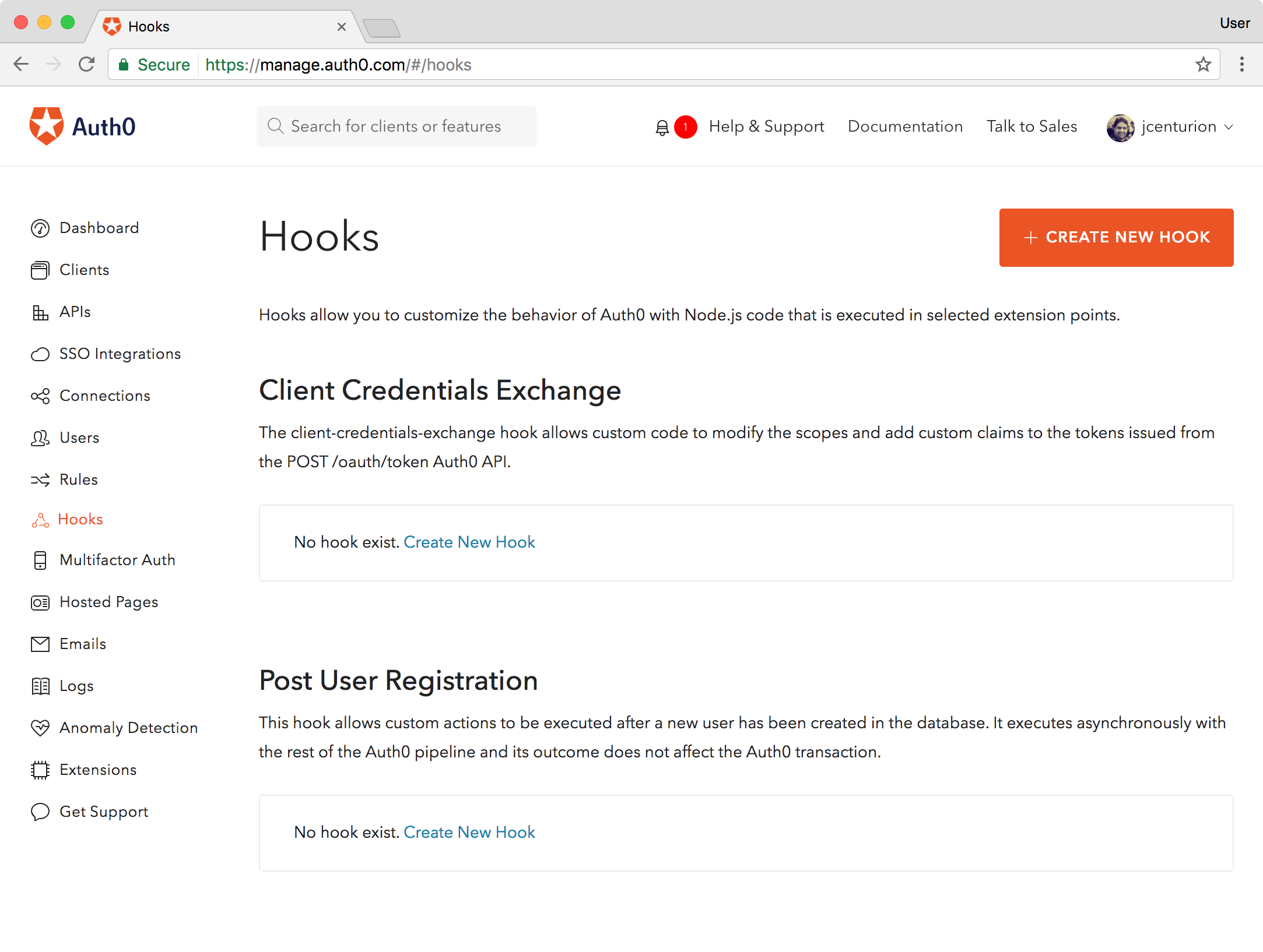 Auth0 Hooks dashboard