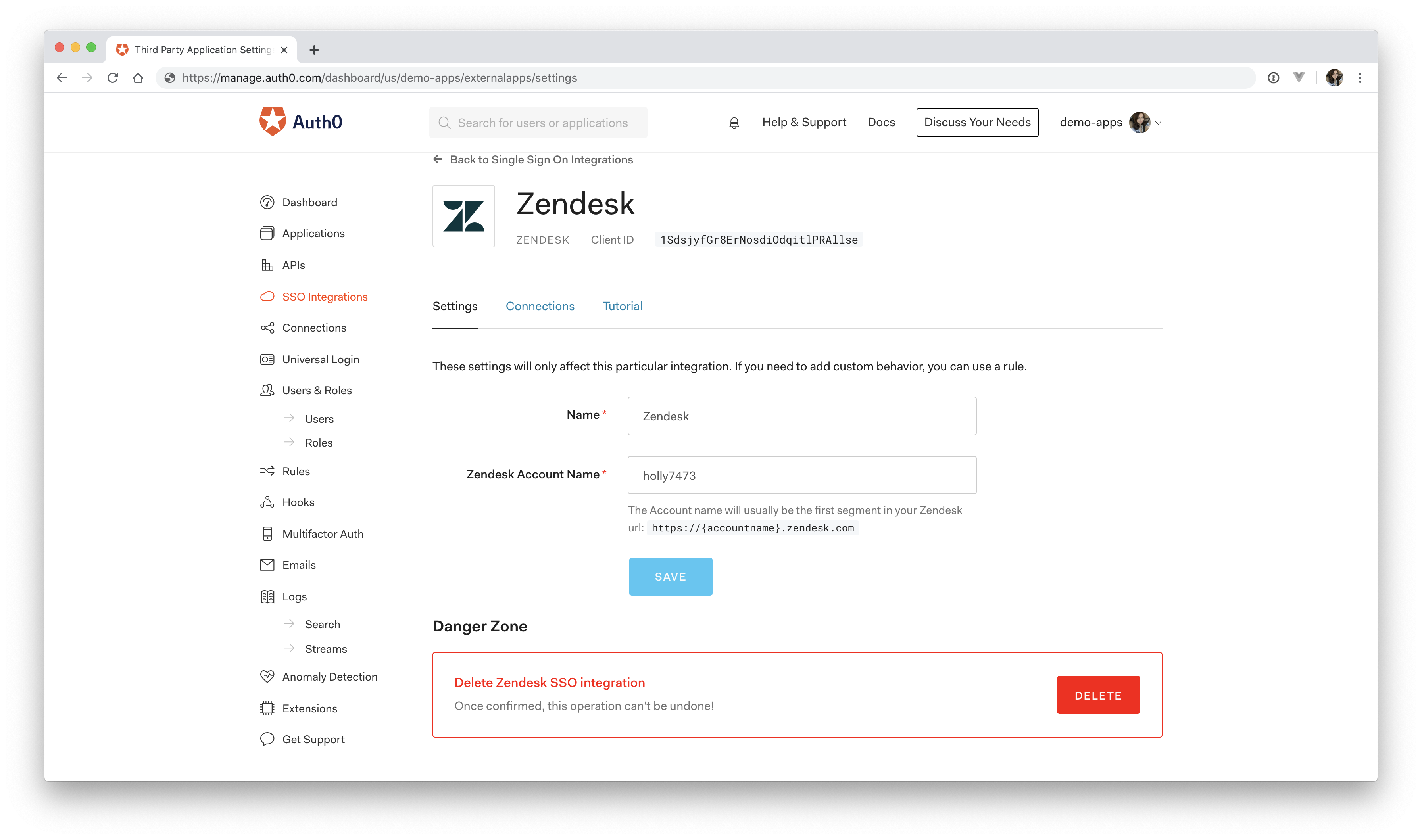 Configuração do provedor de serviços Zendesk na Auth0