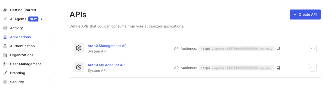Auth0 dashboard's screen to register an API.