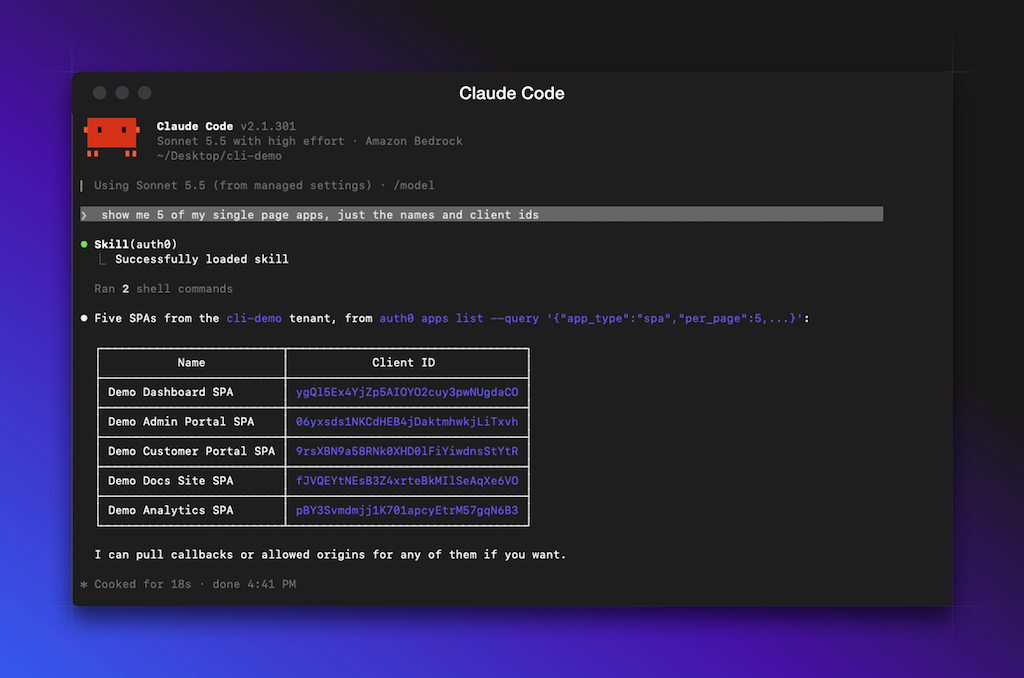 Claude Code using Auth0 CLI Agent Mode