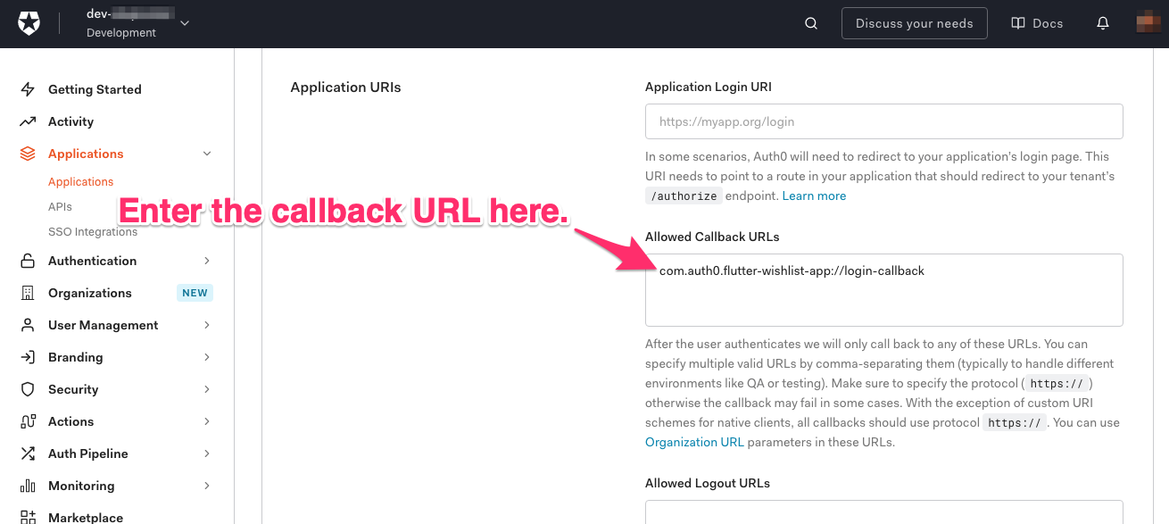 Farther down on the “Flutter Wishlist Application” “Settings” tab. An arrow points to the “Allowed Callback URLs” field, and it says “Enter the callback URL here.”