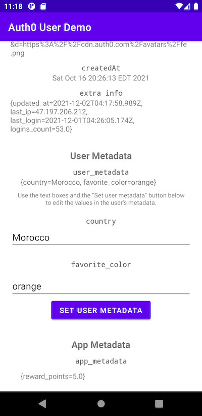 The bottom portion of the app’s main screen, with “user_metadata” updated, “Morocco” in the “country” field, and “orange” in the “favorite_color” field