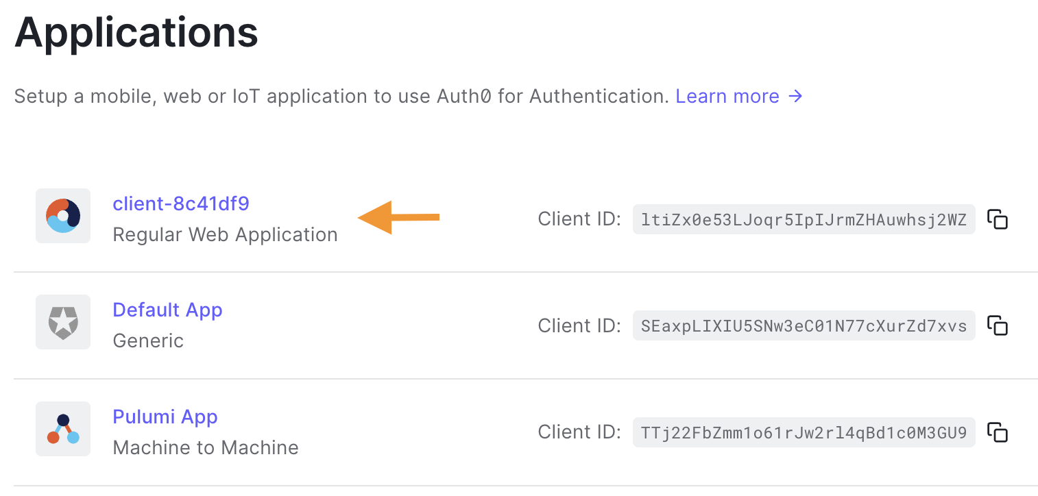 Example of application created with Pulumi in the Auth0 dashboard