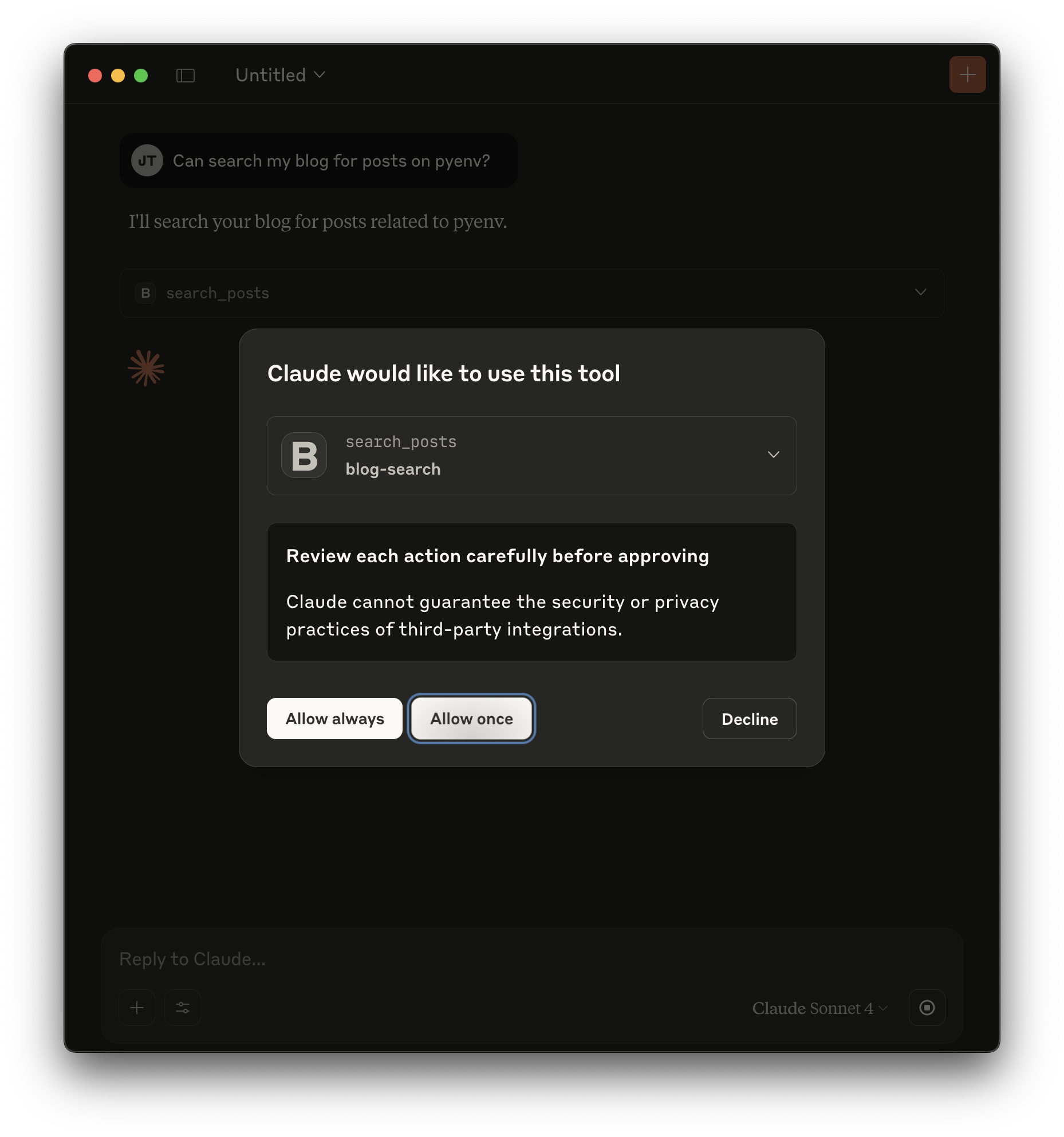 A user in Claude asking to search for 'pyenv', and the Claude interface showing a confirmation dialog titled 'Claude would like to use this tool' for the search_posts action
