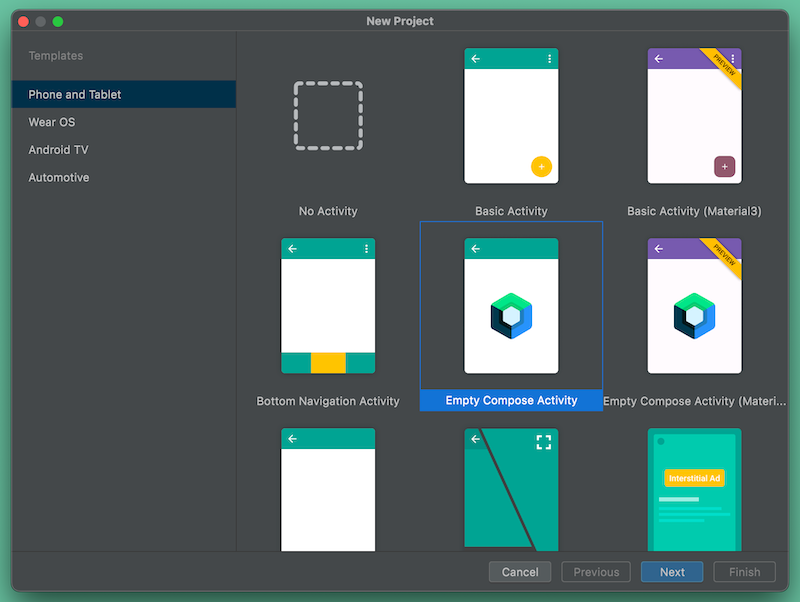 The first “New Project” window, where the user selects a project template.