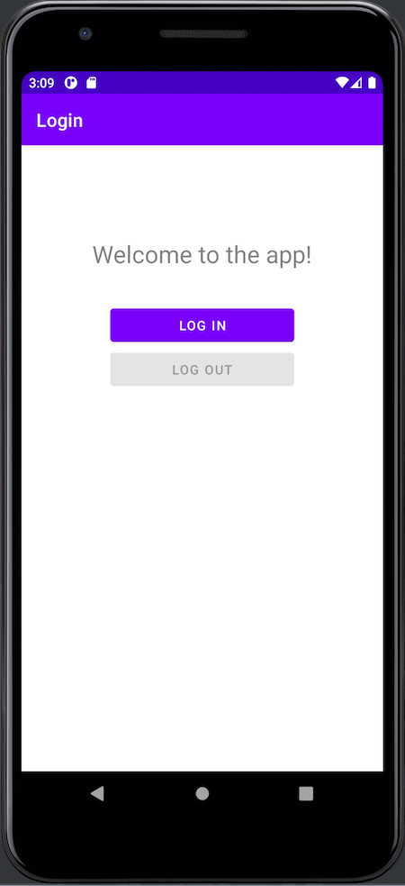 The app’s “Welcome” screen. The “Log In” button is enabled, and the “Log Out” button is disabled.