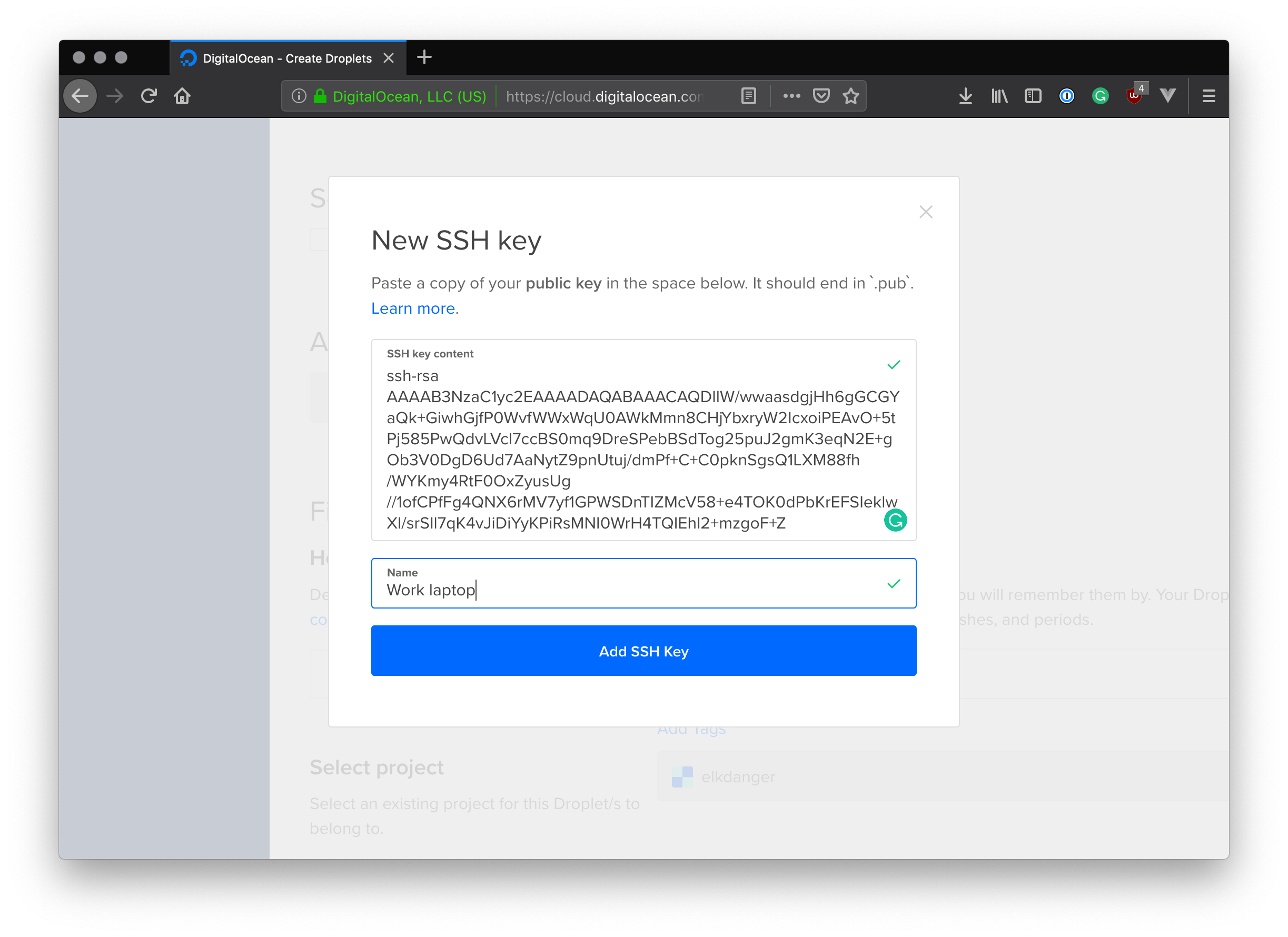 Adding your public key to DigitalOcean