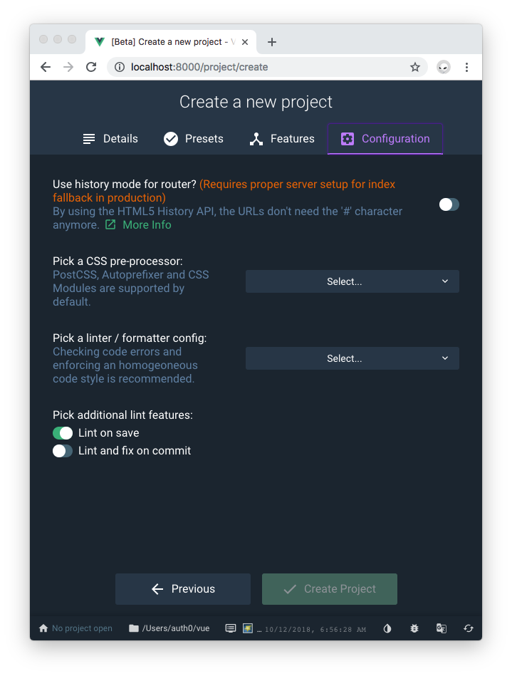 Vue Project Manager Create project configuration