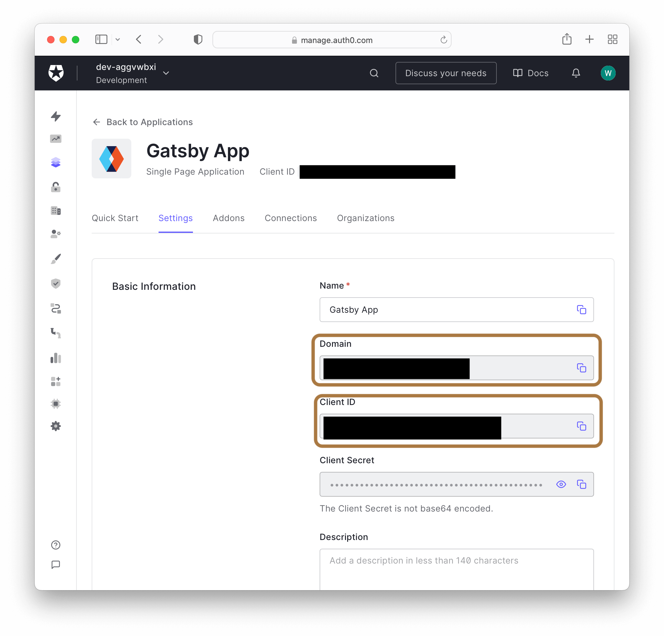 Auth0 Dashboard Application Settings Page