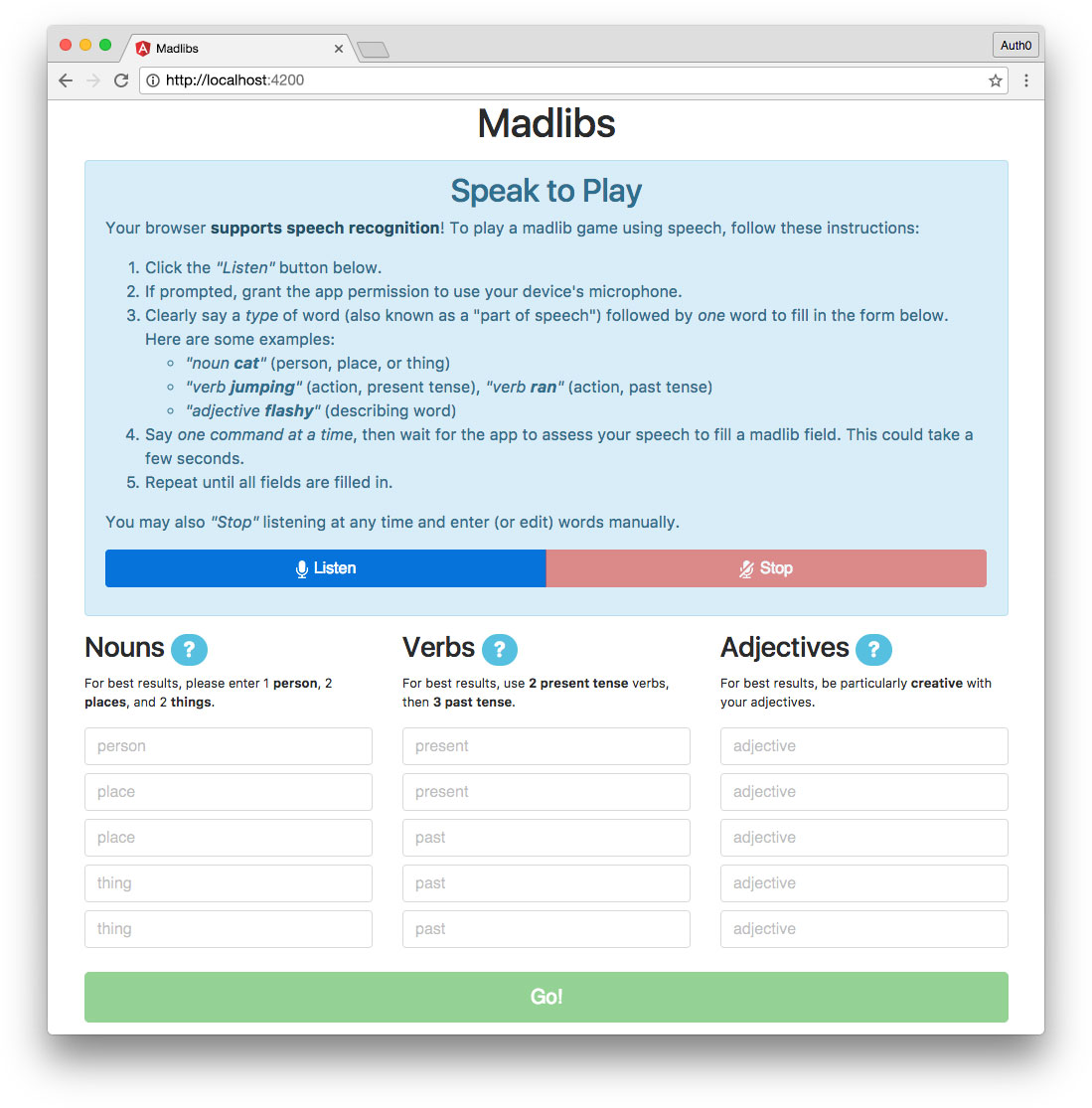 Madlibs RxJS Angular app with Listen and Words Form components