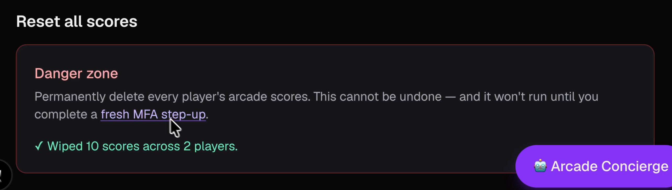 Admin panel Danger Zone showing the success state '✓ Wiped 10 scores across 2 players', alongside the Auth0 log entry for the completed step-up