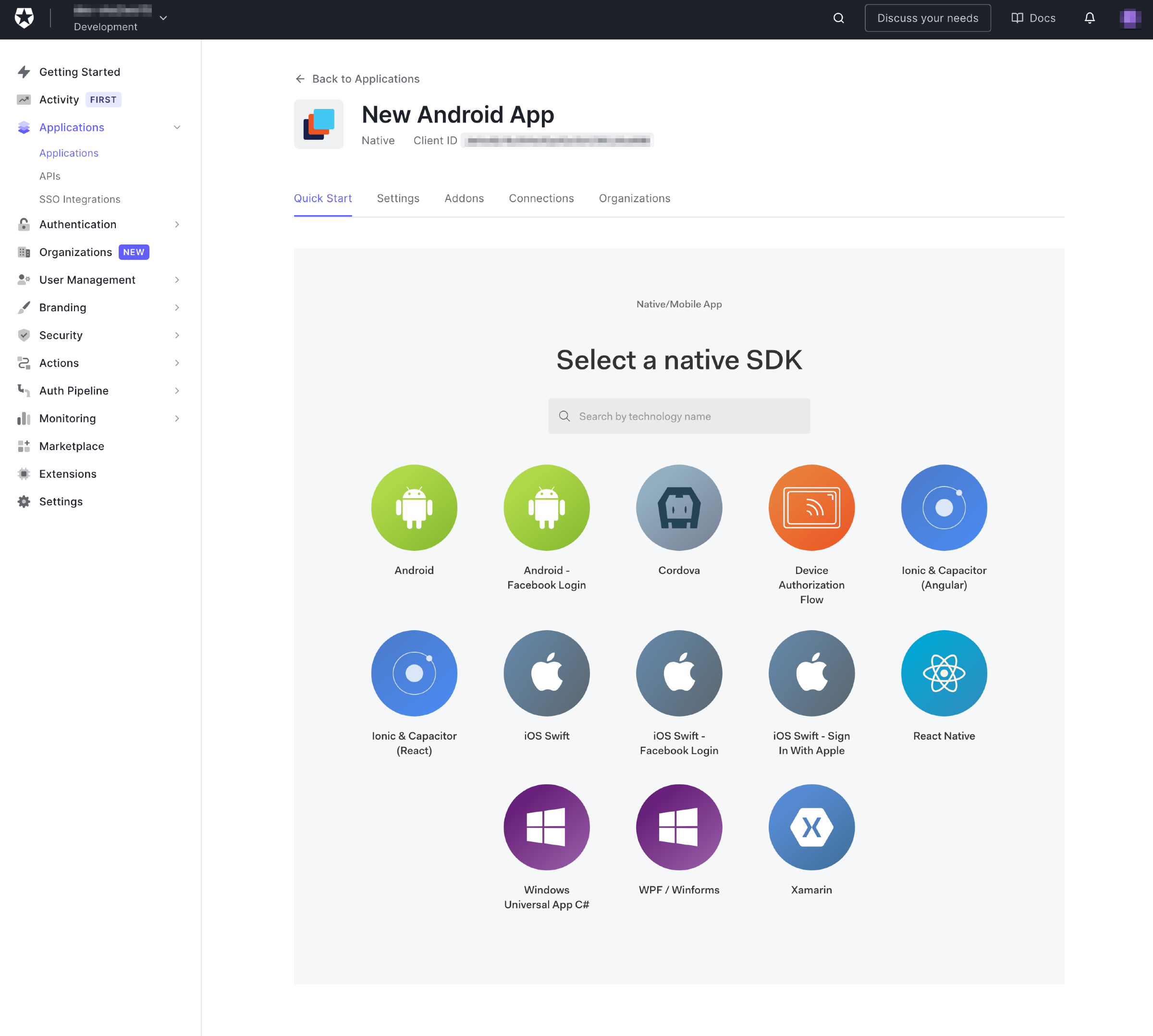 The “Quick Start” page. It contains several icons, each one representing an operating system or platform.