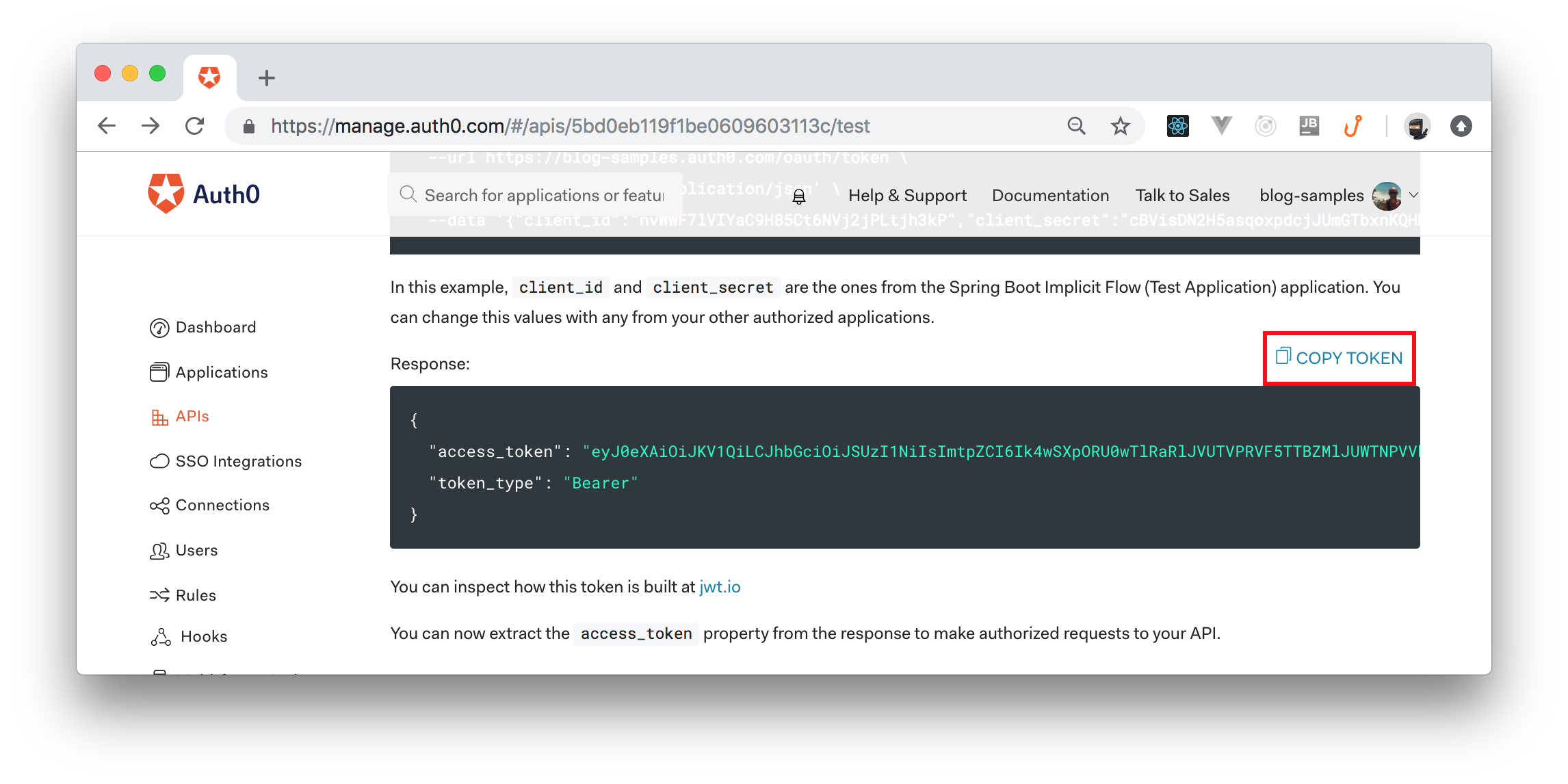 Copying a test access token to clipboard from Auth0 API
