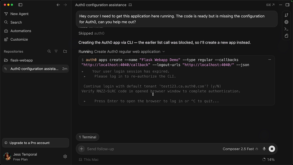 Cursor showing the Auth0 CLI device auth code in chat
