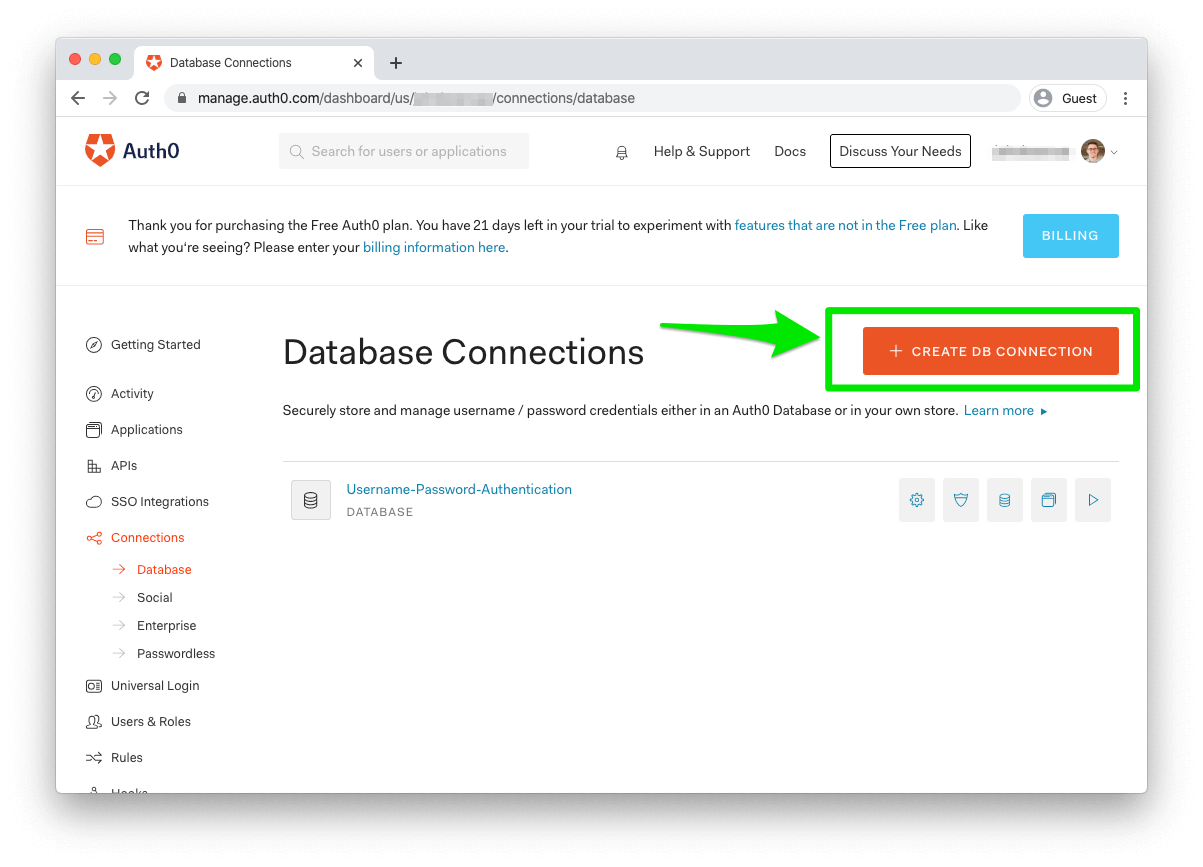 Auth0 Dashboard DB Connections Page