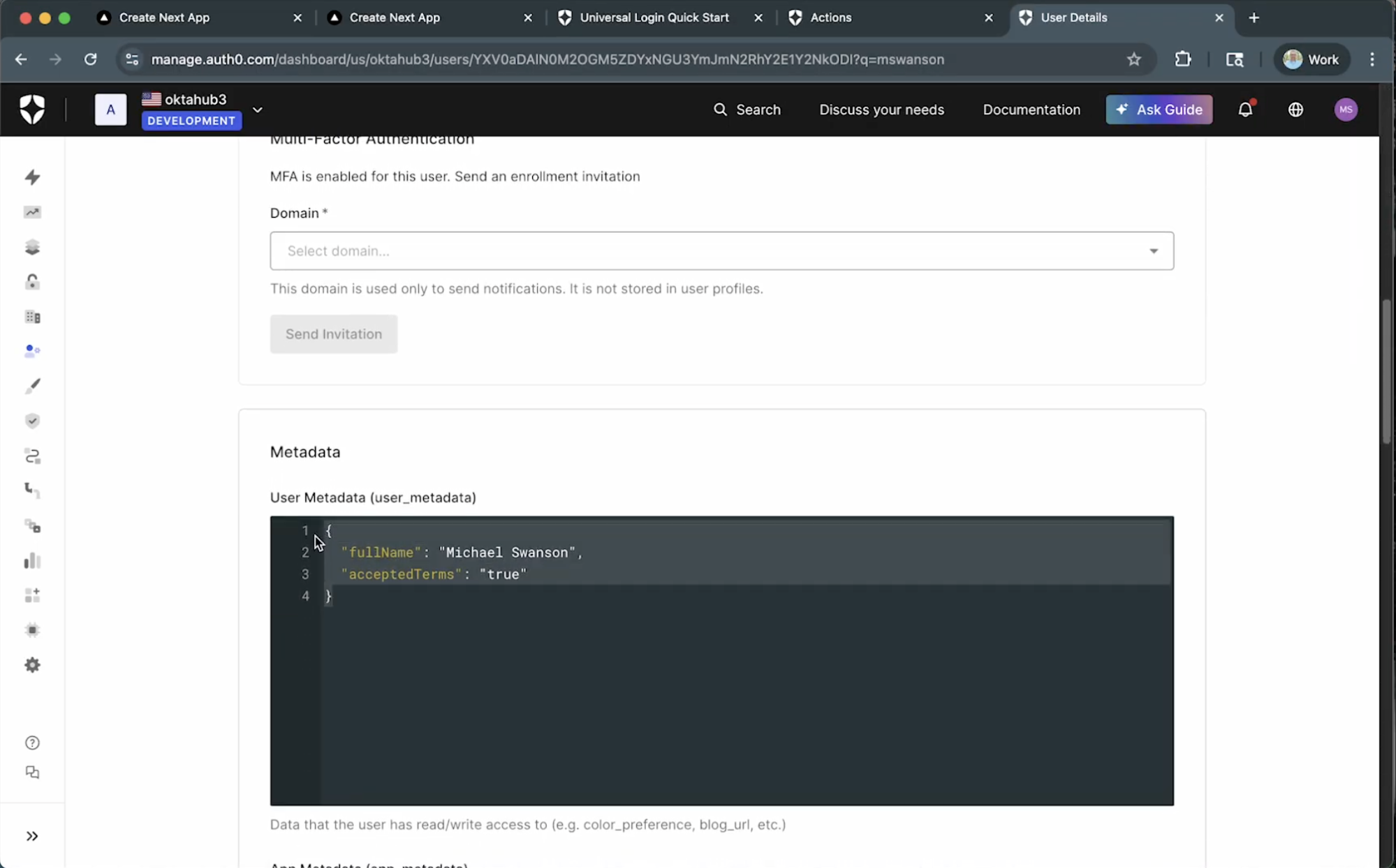 Populated User Metadata in Auth0 Dashboard