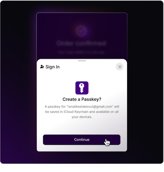 Mobile application prompting a user to enroll a biometric passkey immediately following a successful purchase.