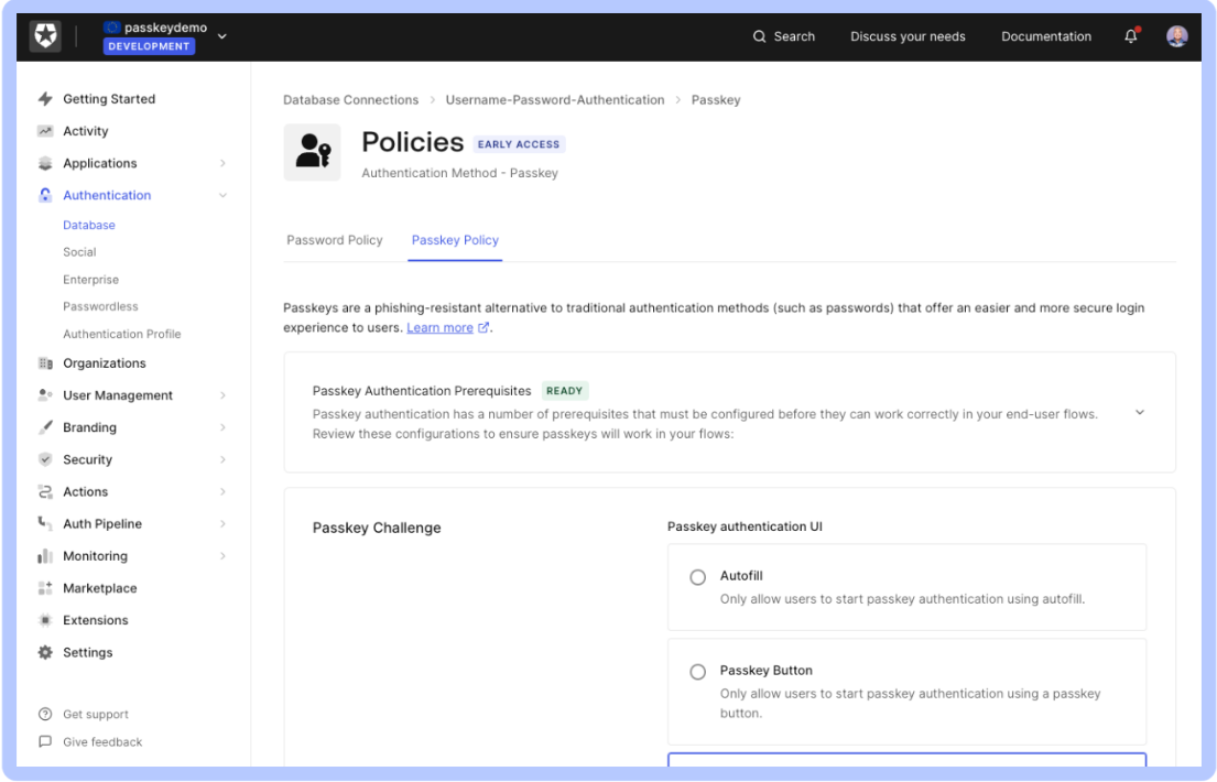 Passkey Policy tab of Policies page