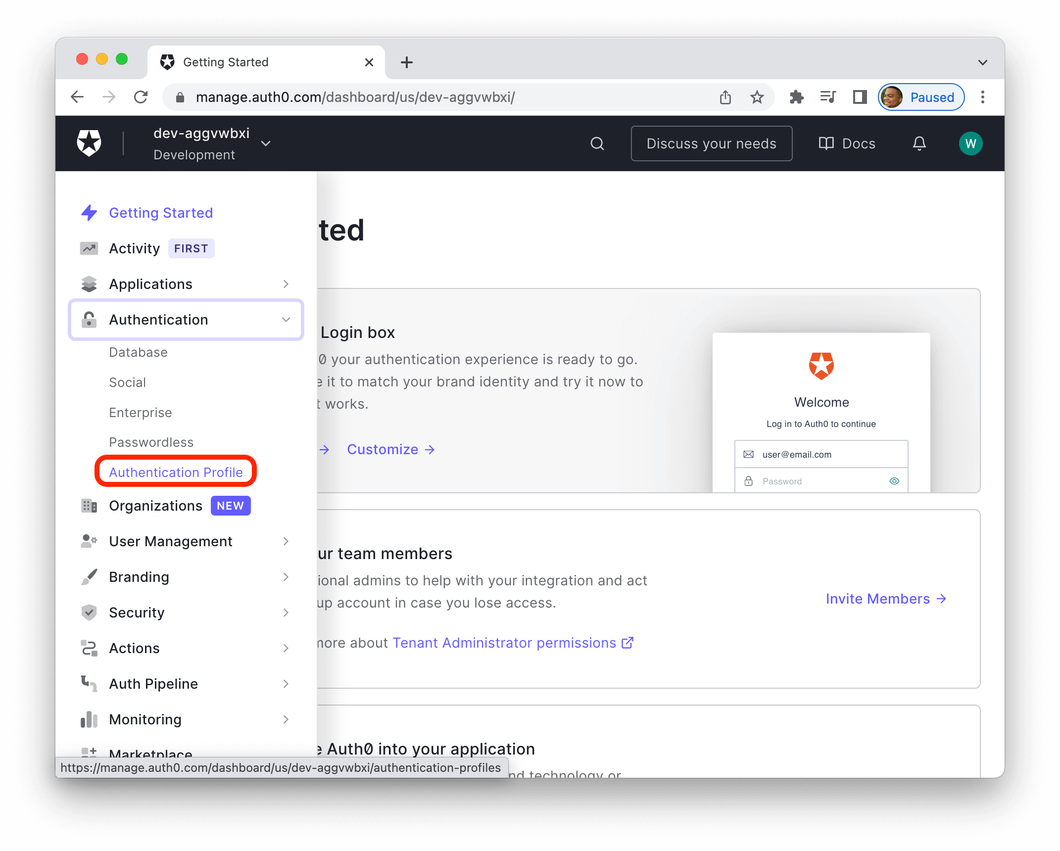 Auth0 Dashboard Side Menu