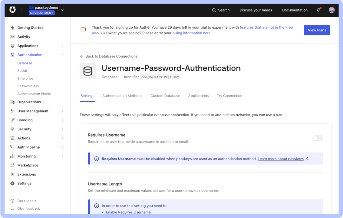 Settings page of the Username-Password-Authentication database connection