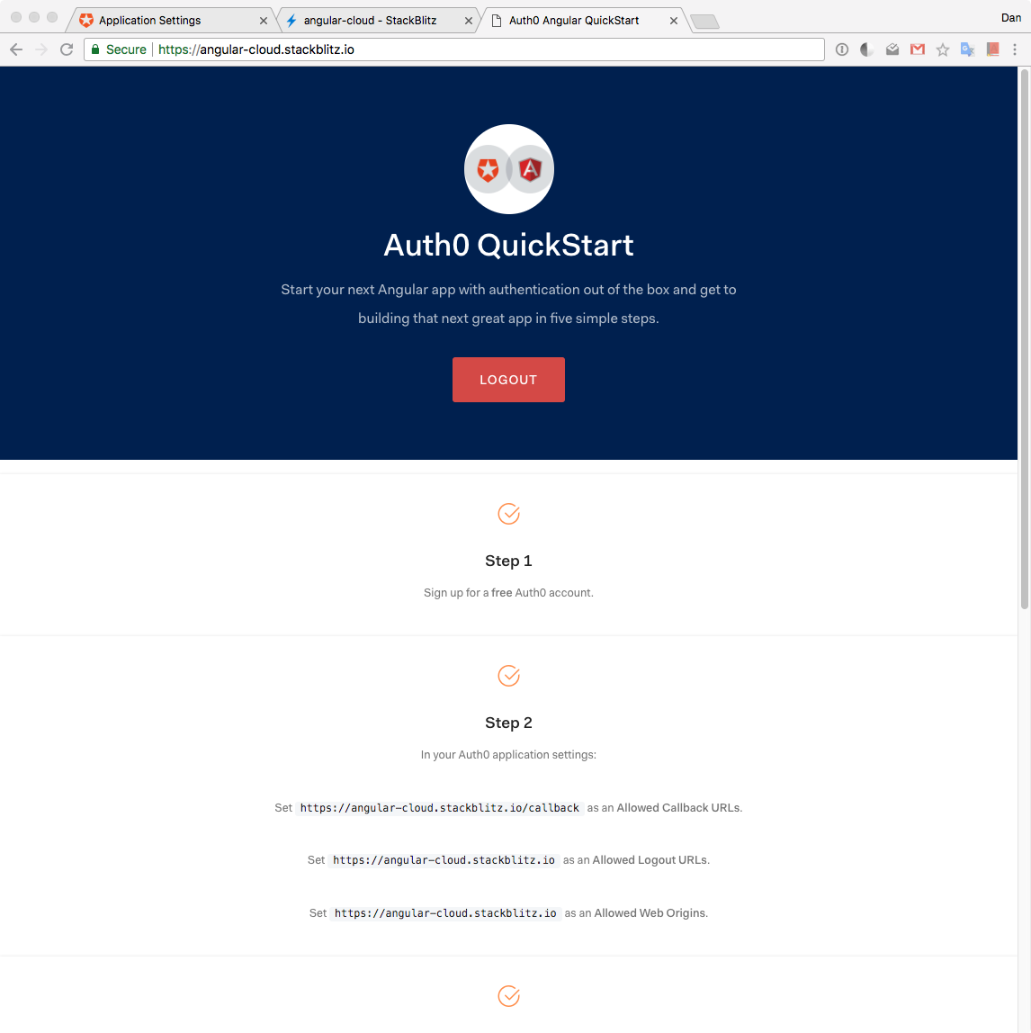 Angular app showing logged-in authenticated session