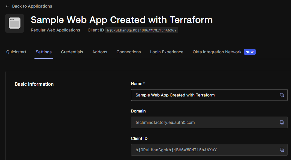 Auth0 Applications Settings Screen