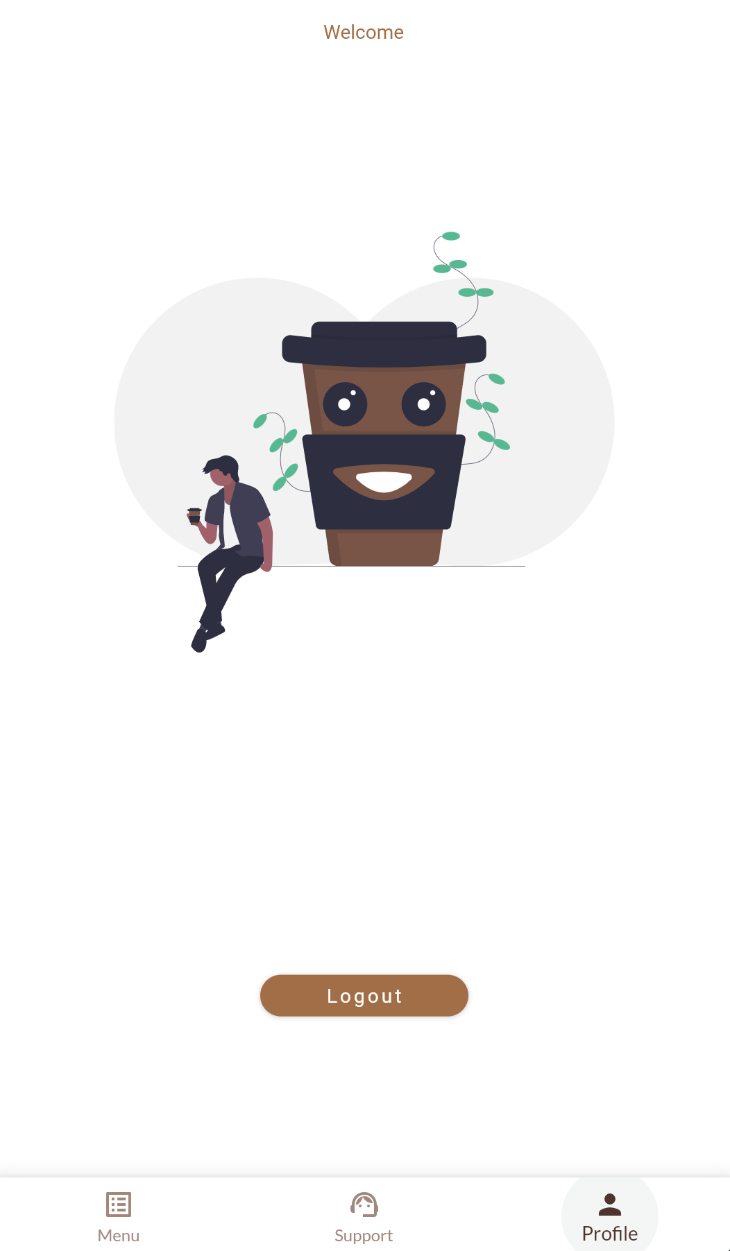The MJ Coffee App’s “Profile” screen, which currently shows a coffee illustration