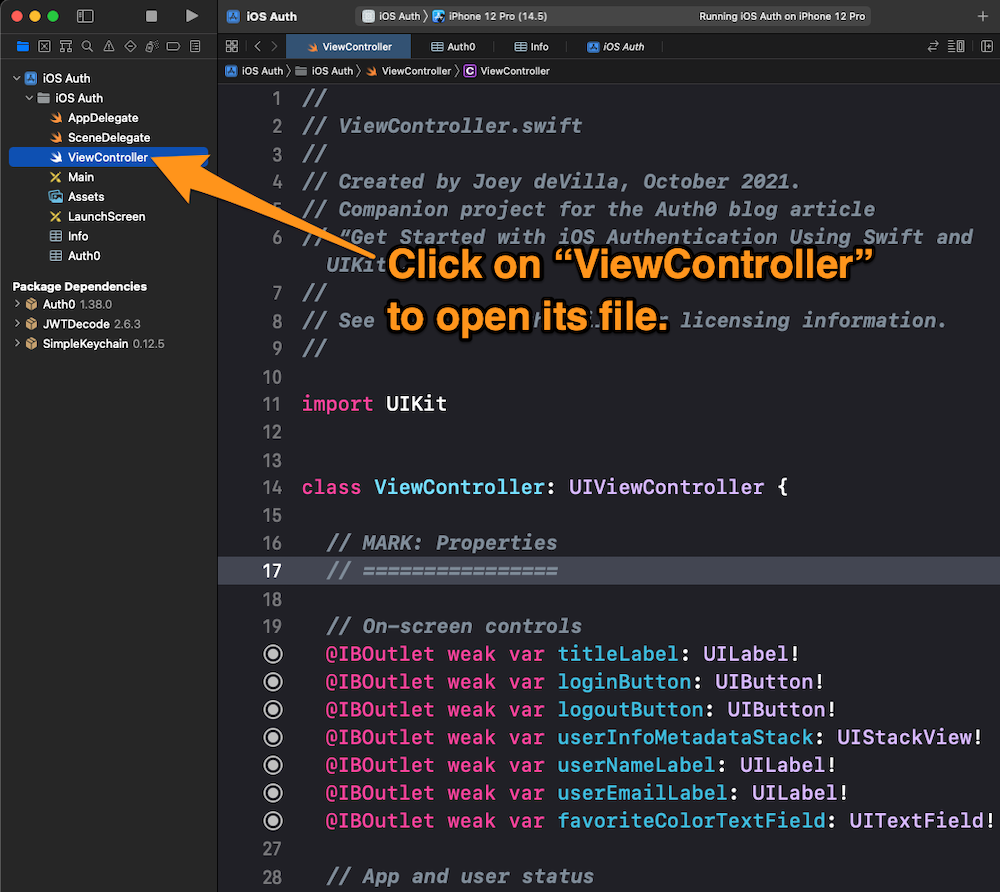 Xcode screenshot: Opening the VieController file.