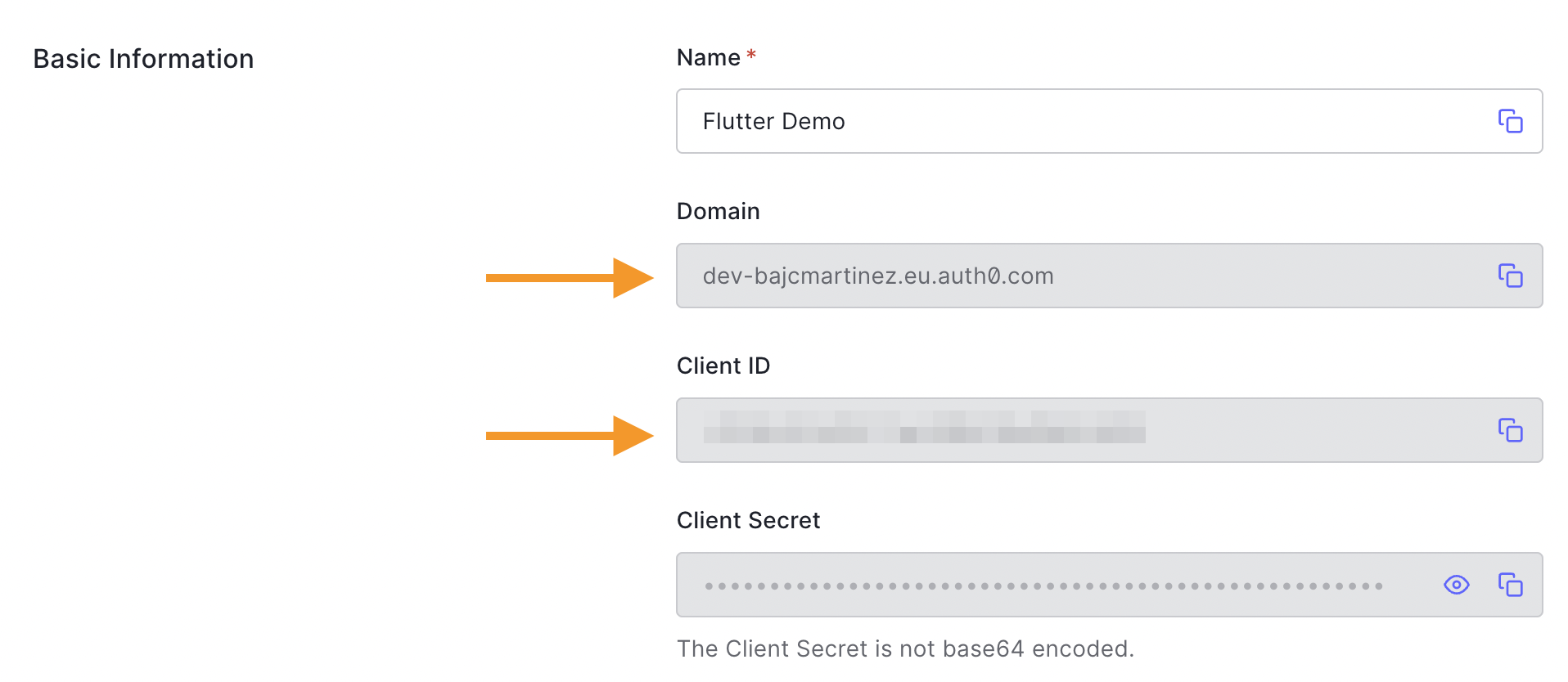 The Auth0 domain and ClientId for an application