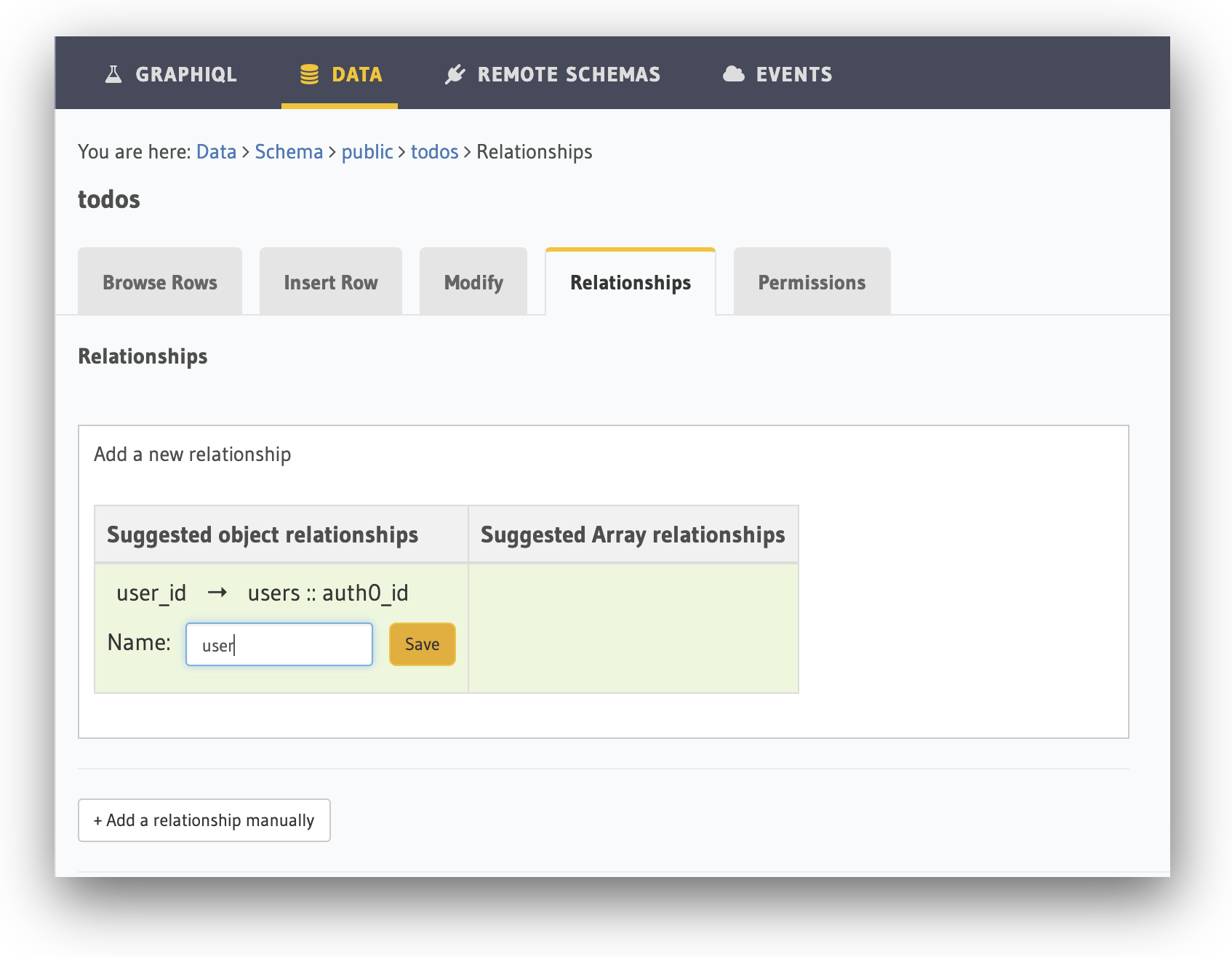 Assigning the object relationship name within Hasura