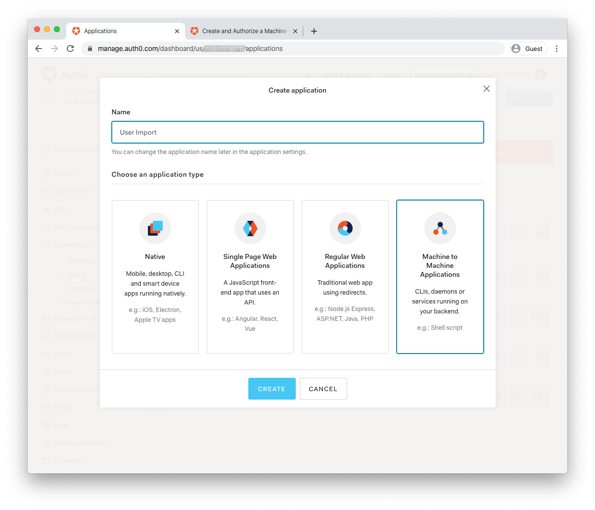 Auth0 Machine to Machine Application creation form